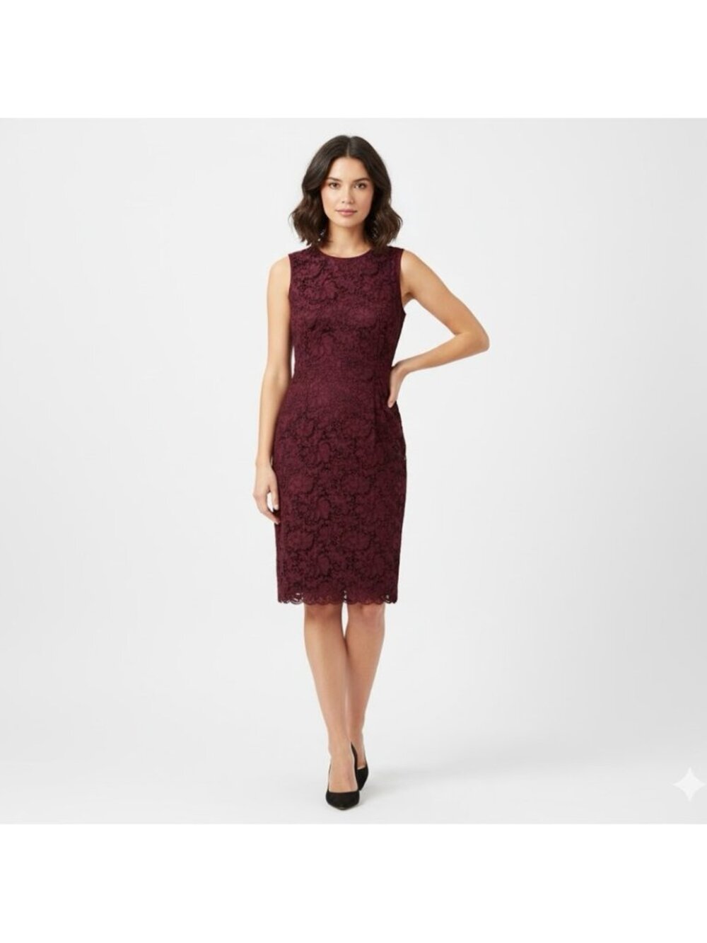 JUDITH & CHARLES Elegant Burgundy floral  Lace sleeveless sheath Dress 4